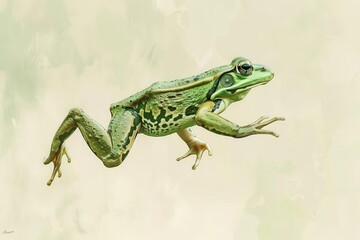 Fototapeta premium joyful green frog leaping happy leap day concept with amphibian on pastel background digital illustration