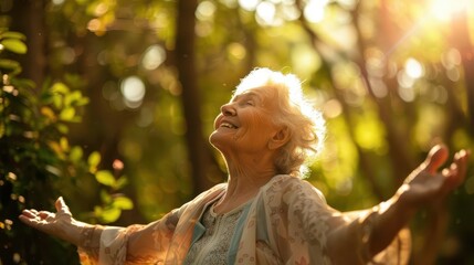 joyful senior woman with arms outstretched in lush green park warm sunlight filters through trees creating a sense of freedom and vitality natural candid style
