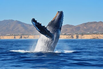 Fototapeta premium Whale California. Humpback Whale Breaching in Cabo San Lucas, Wildlife in the Ocean