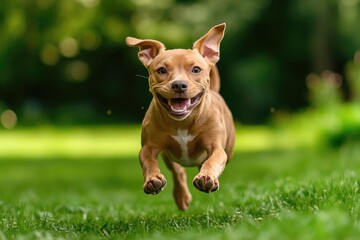 Dog Running Away. Brown American Bull Dog in Green Park