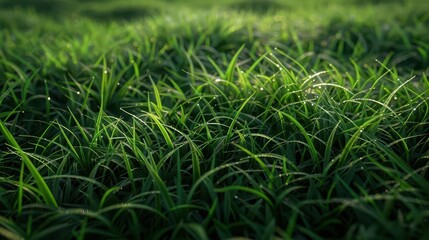 Obraz premium lush green grass lawn with hyperrealistic detail individual blades visible morning dew drops sunlight creating subtle shadows seamless natural turf texture