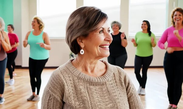 Medium shot portrait video of a pleased woman in her 40s that is wearing a cozy sweater against an energetic zumba class with participants dancing background
