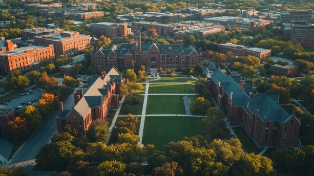 Large Campus Aerial. Public University Architecture in Downtown Minneapolis Twin Cities, Minnesota