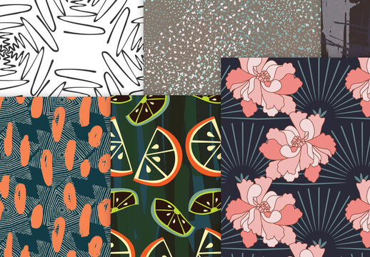 Seamless Pattern Collection with Hand Drawn Rough Abstract Strokes and Floral Elements