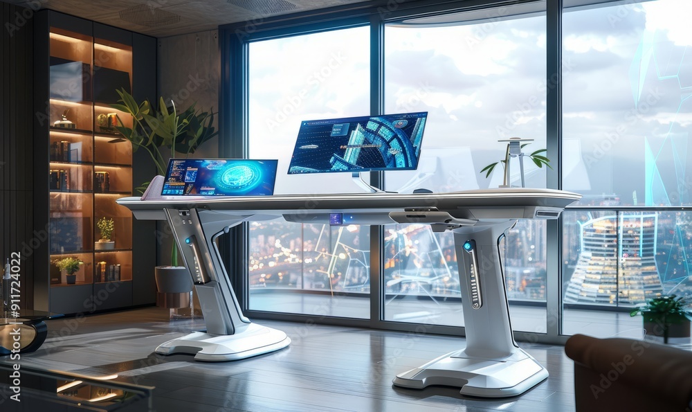 Poster high-tech ergonomic desk with adjustable height and smart features
