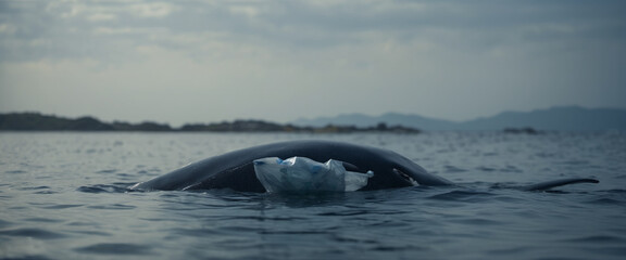 Fototapeta premium Whale in its natural habitat surrounded by man-made waste and plastic waste, pollution of the oceans and damage and destruction of ecosystems