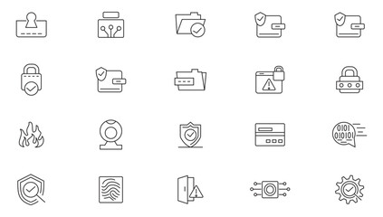 Cyber security line icon set. Security, Lock, Firewall, Mobile bank, Badge, Password, CCTV, Defence, Unlocked outline icon collection. UI thin line icon pack.