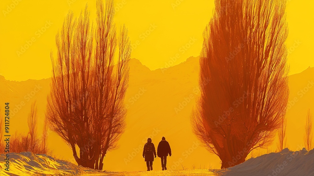 Wall mural   Two people stroll through a snow-covered road past towering trees and beneath a sunny sky in a painting