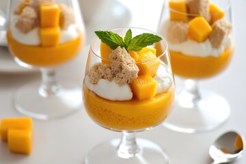 Vibrant Mango Float Dessert in a Glass with Cream and Mint Garnish - Perfect for Summer Treats and Refreshing Delights