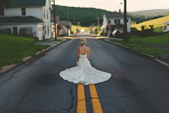Solitary Bride Sitting on a Deserted Street Capturing Serene Chaos in Tranquil Countryside Setting