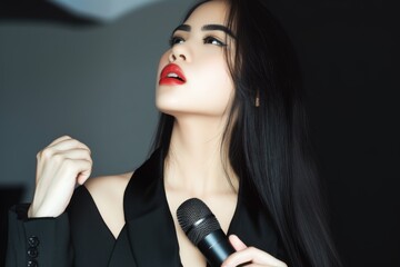 Confident Businesswoman Presenting with Microphone at Conference: Professional Corporate Event