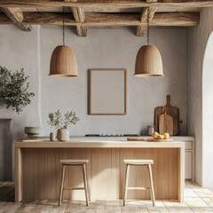 Bright sunny kitchen dining room area interior mockup neutral boho wooden furniture with one wall art frame rustic breakfast nook counter and stools big window hanging lamps copy space © Mary Salen