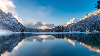 Beautiful clear Mountain Lake landscape with snow covered mountains on a beautiful clear day