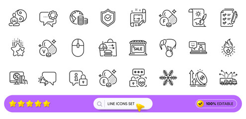 Vitamin e, Employees messenger and Elephant on ball line icons for web app. Pack of Ranking stars, Market sale, Survey checklist pictogram icons. Megaphone, Computer mouse, Food delivery signs. Vector