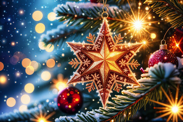 Beautifully decorated Christmas tree with a star ornament and a red ball ornament, set against a backdrop of twinkling lights and bokeh.
