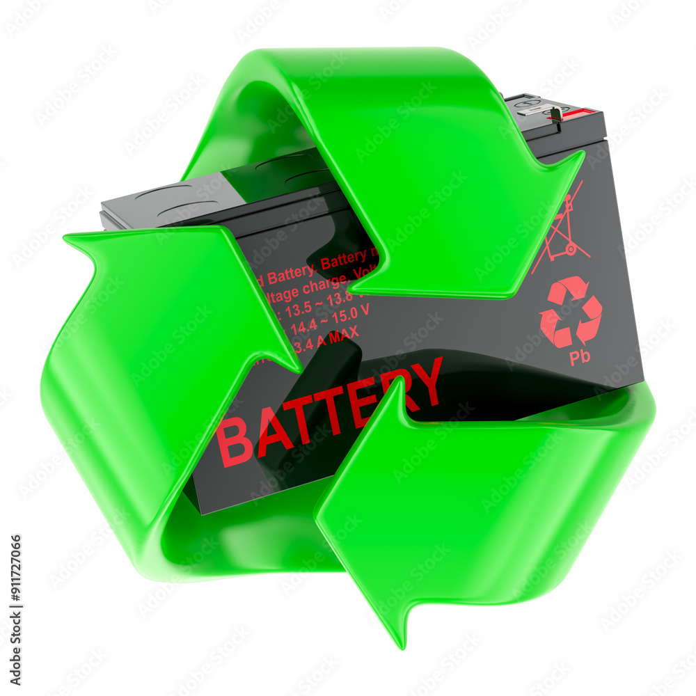 Poster recycle symbol with sealed ups battery, 3d rendering isolated on transparent background