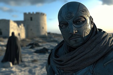 Close-up of a Medieval Knight in Full Armor in a Historic Fortress Setting