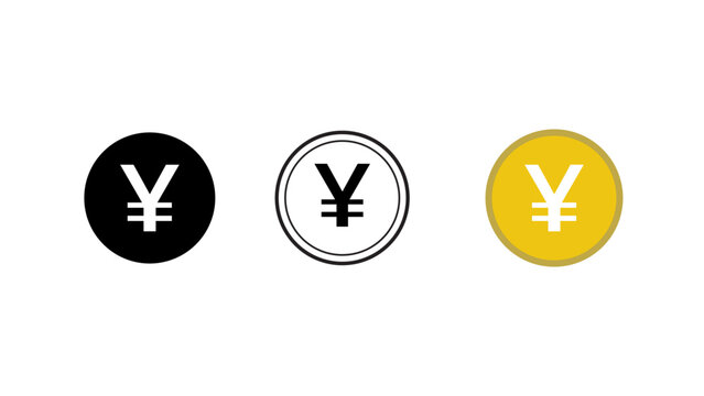Three yen currency symbols in black white and gold, yen icon set, yen coin icon set, Vector symbols of yen money coins, money, coin, 3 set of yen coin icon, vector.