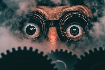 Close-Up of a Steampunk Inventor with Goggles and Gears, Mystery and Innovation Scene