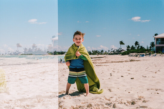 Happy boy on beach - accidental Double exposure vacation film photo