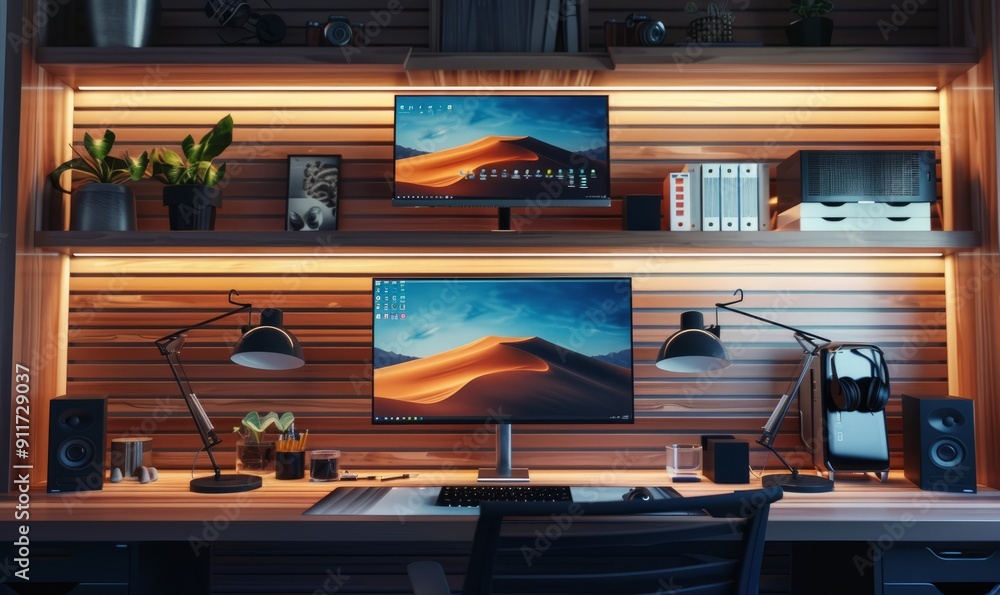 Poster productive work-from-home environment with dual monitors and minimalistic design