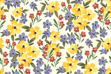 Seamless floral pattern, liberty ditsy print, abstract flower ornament of vintage garden. Cute botanical design: small yellow hand drawn flowers, tiny leaves, simple wild plants. Vector illustration. © Yulya i Kot