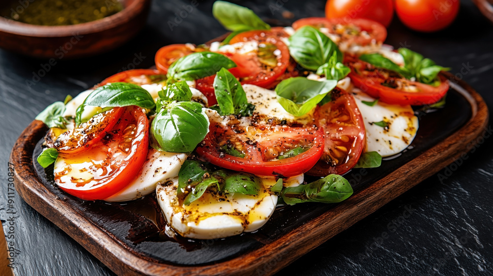 Sticker traditional italian food caprese salad. the dish features fresh tomatoes and mozzarella slices, topp