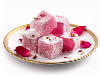 Turkish Delight with Rose Flavor and with rose petals on white background isolated, close up rose Turkish Delight.