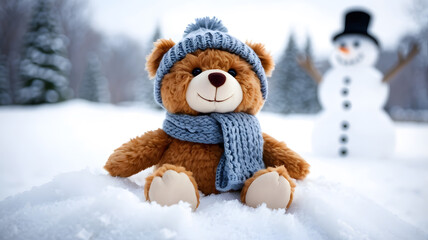 Teddy bear wearing a blue knitted hat and scarf, sitting in the snow, blurred snowman in the back.