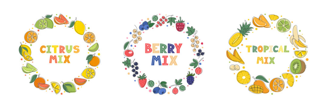 Citrus Tropical Fruit and Berry Round frames set. Abstract fruits illustration. Fresh Healthy Food circle background. Template for Package, Label, banner, menu design. Vector illustration