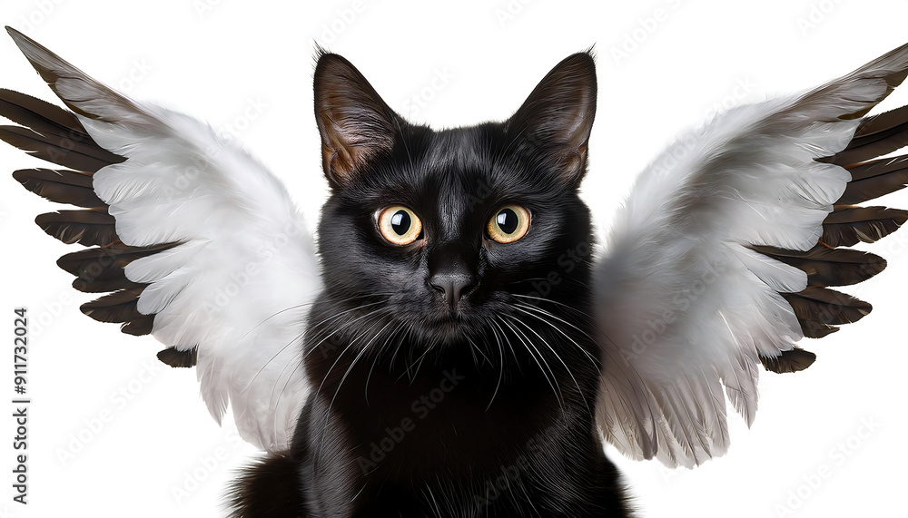 Poster a black cat with white angel wings isolated on a transparent background – a whimsical image_1(1)