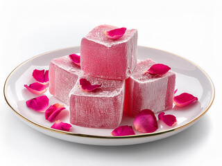 Turkish Delight with Rose Flavor and with rose petals on white background isolated, close up rose Turkish Delight.