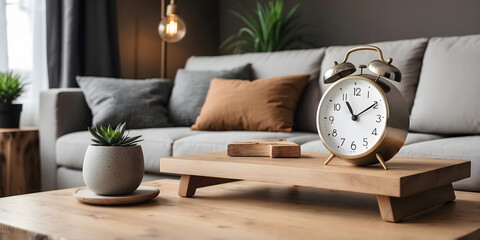 Naklejka premium The interior of a modern residential apartment with an alarm clock on the table.