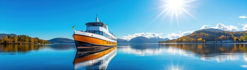 Naklejka premium A vibrant boat anchored in a tranquil lake, reflecting stunning mountain scenery under a bright, sunny sky.