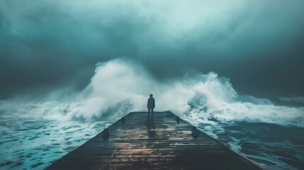 A lone figure stands on a weathered dock, facing the crashing waves under a dramatic sky