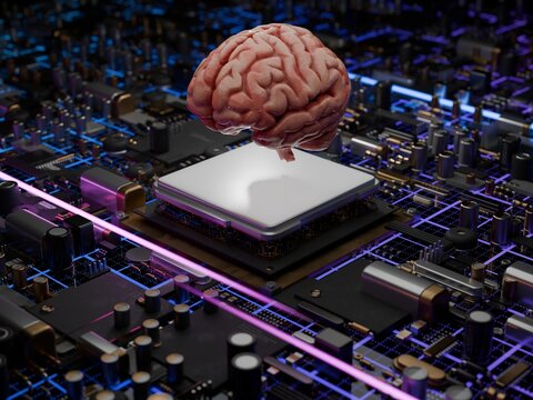 Human Brain above AI processor unit. AI CPU. Sci-Fi semiconductors