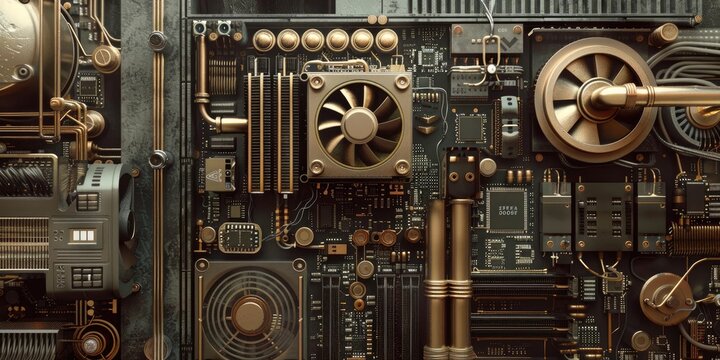 Steampunk computer motherboard with golden accents.