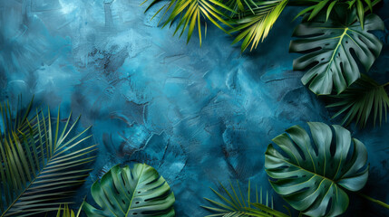 Obraz premium Tropical leaves on textured blue background, artistic backdrop