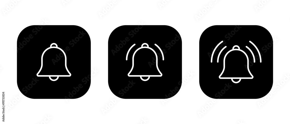 Poster ring bell icon set on black square. notification button