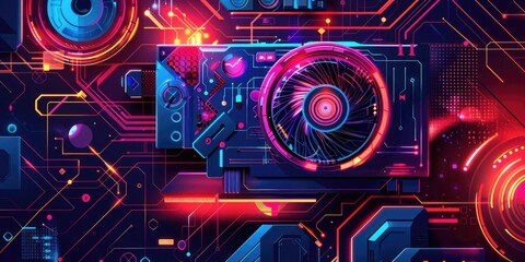 Obraz premium Neon circuit board with spinning fan.