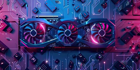 Graphics card with neon lights on circuit board.