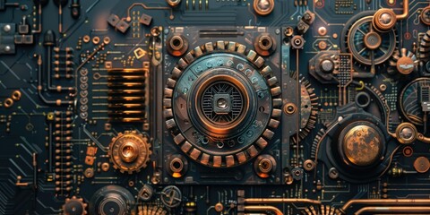 Steampunk circuit board with gears.