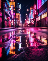 A vibrant street in the rain, reflecting neon signs on the wet ground