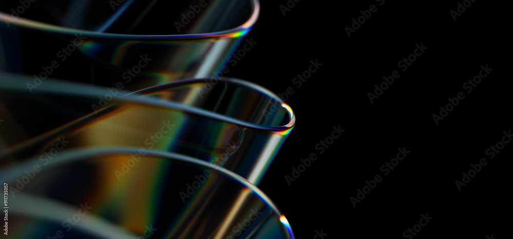 Poster macro of transparent iridescent glass curved stripe with extreme depth of field. place for text. mod