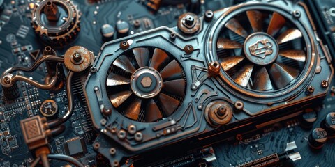 Rusty computer cooling fans on motherboard.