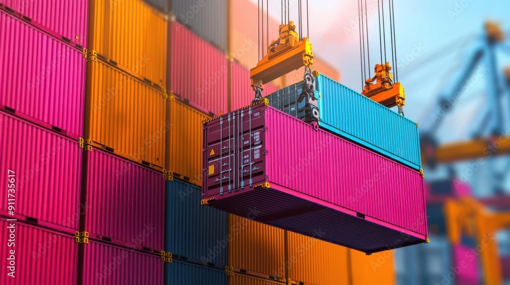 Poster shipping containers being lifted by a crane showcasing dockside loading and efficient port operation