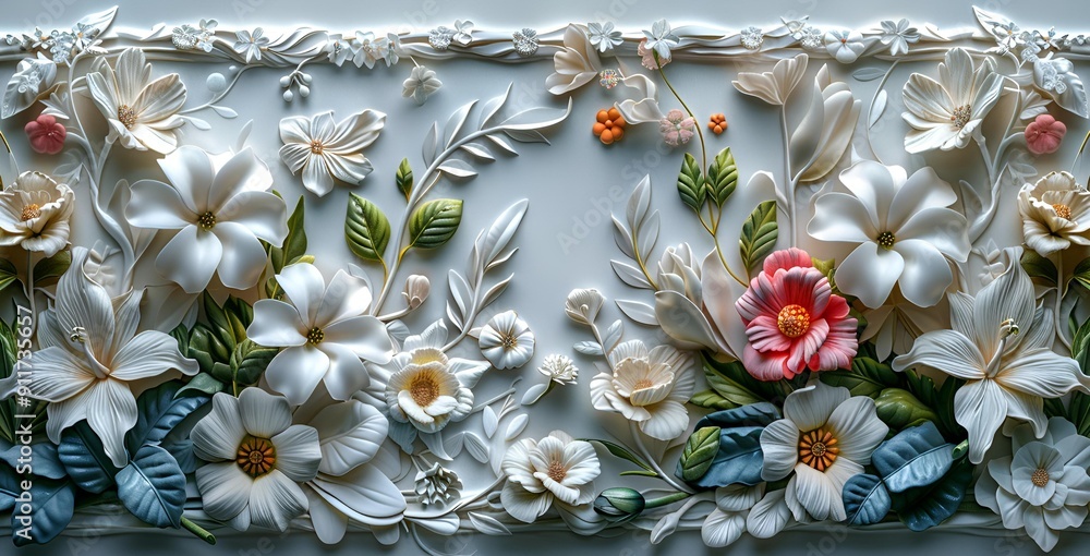Poster a white rectangular object with flowers and leaves.