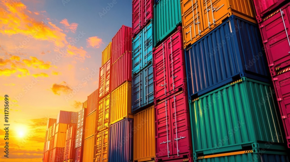 Poster stacked containers at a busy shipping terminal illustrating efficient cargo management