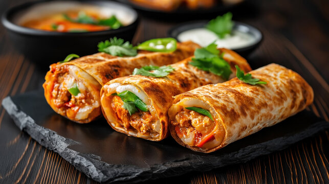 Traditional Indian food Kathi Rolls. The image features three Kathi Rolls filled with spicy chicken, vegetables, and herbs, wrapped in paratha and garnished with cilantro.