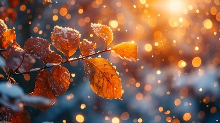 a branch with orange leaves and snow on it. 